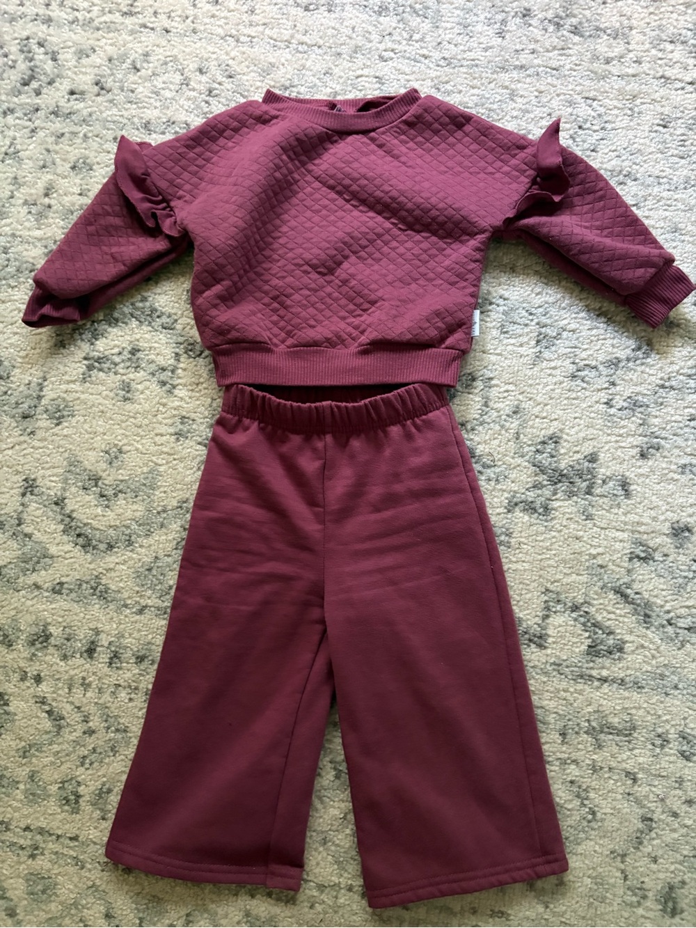 Kids Quilted Ruffle Sleeve Matching Set - Burgundy